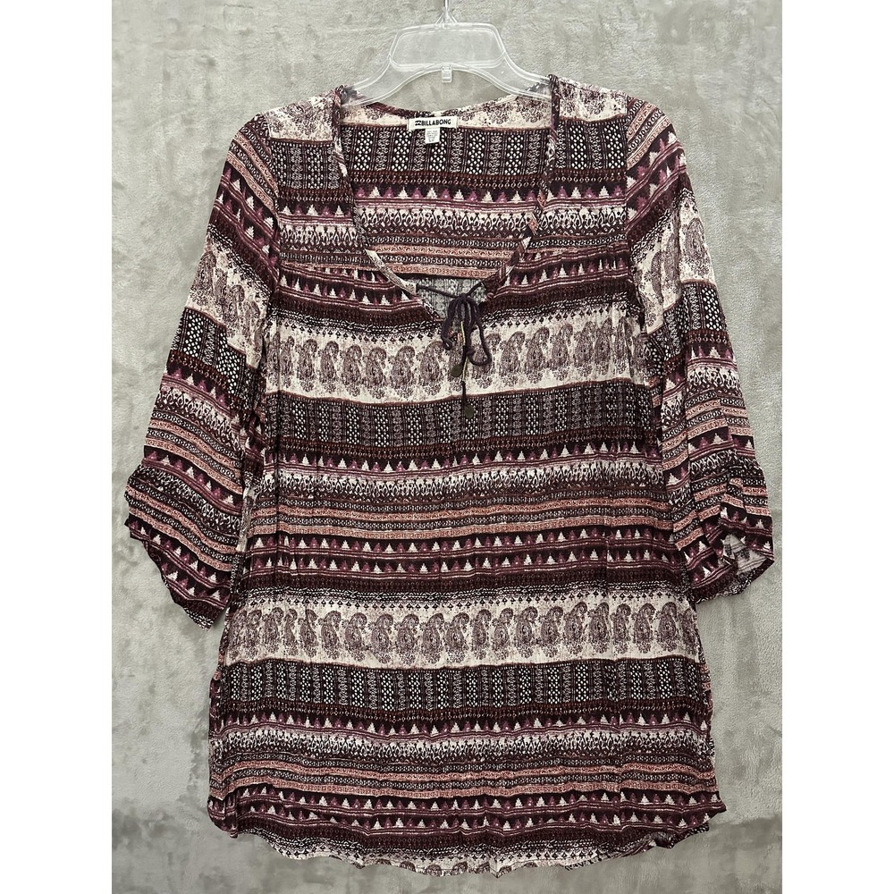 Billabong Dress Womens Small Burgundy Boho Peasant Tunic V-Neck 3/4 Sleeves Tie